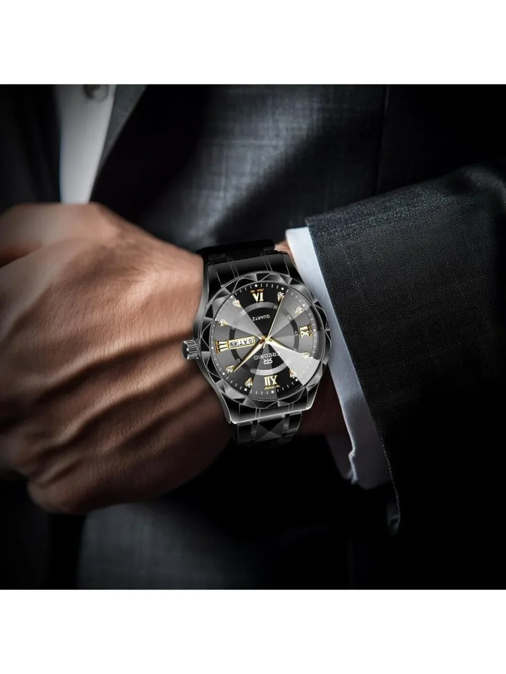 Mens Black Stainless Steel Waterproof Diamond Analog Quartz Luminous Wrist Watch